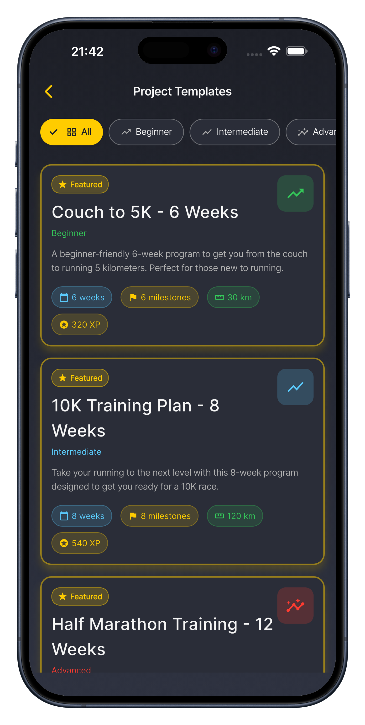 Training Projects Templates Screen